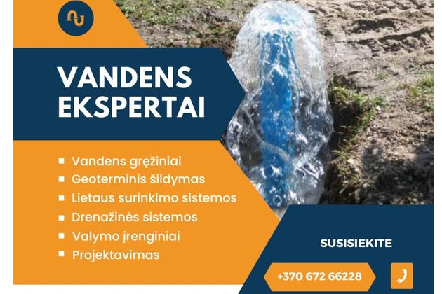 VANDENS EKSPERTAI, UAB - išorės inžinerinių tinklų montavimo ir projektavimo paslaugos: geoterminis šildymas, vandens gręžiniai, buitinės nuotekos, priešgaisrinių rezervuarų įrengimas, drenažo įrengimas