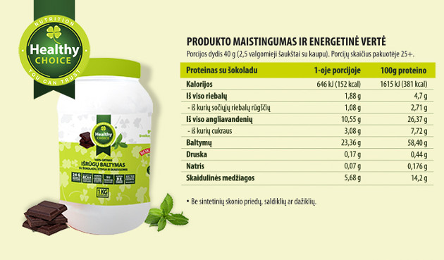 Proteinas su šokoladu – 100% grynas išrūgų baltymas HEALTHY CHOICE, 1kg