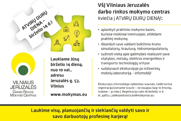 VšĮ Vilniaus Jeruzalės darbo rinkos mokymo centras kviečia į ATVIRŲ DURŲ DIENĄ