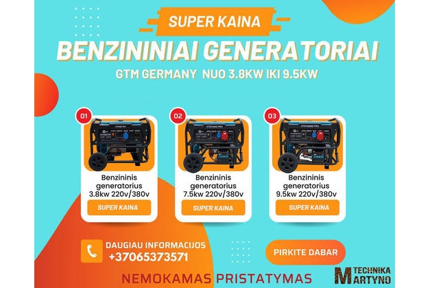 Benzininiai elektros generatoriai GTM Germany nuo 3.8kw iki 9.5kw – MARTYNO TECHNIKA asortimente