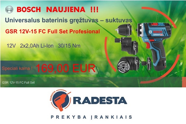 Suktuvas gręžtuvas BOSCH GSR 12V-15 FC Full set Professional – universalus akumuliatorinis įrankis